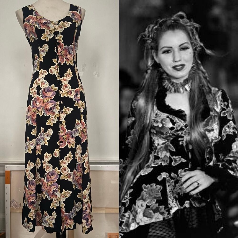 Betsey Johnson S/S 1994 Vintage Black Floral Maxi Dress ASO Beverly Hills 90210